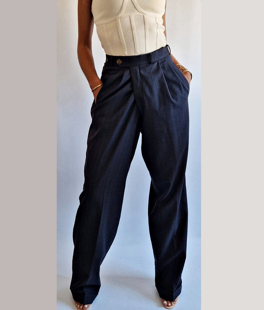 pantalon classique gris ligné en laine vintage pour femme